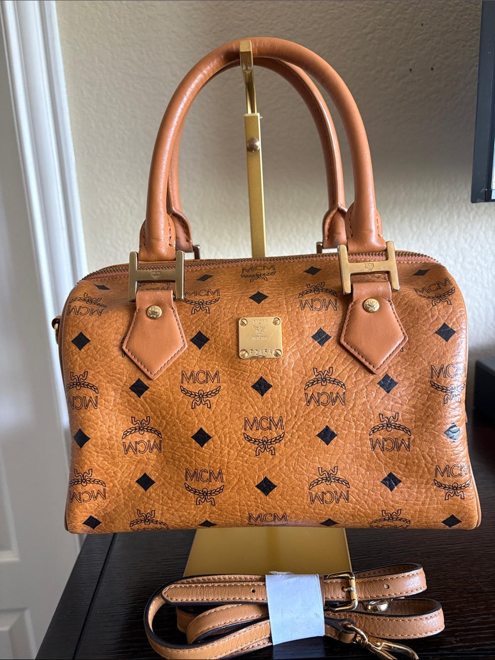 MCM COGNAC VISETOS BOSTON SATCHEL / TOP HANDLE BAG